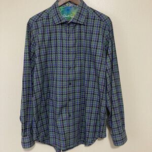 Robert Graham Mens Button Up Shirt XL Blue Plaid Cotton Multi Color Cactus Theme